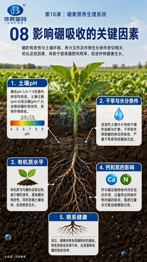 08影响硼吸收的关键因素（硼的有效性与土壤环境、养分互作及作物生长条件密切相关）｜华昇金玛植保系统课技术图
