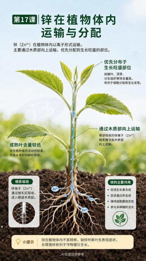 锌在植物体内（主要通过木质部向上运输，优先分配到生长旺盛的部位）｜华昇金玛植保系统课技术图