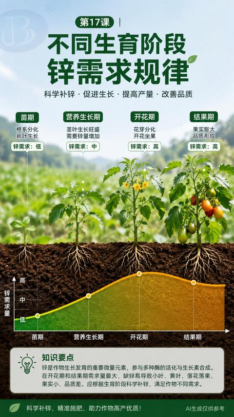 锌需求规律（锌是作物生长发育的重要微量元素，参与多种酶的活化与生长素合成）｜华昇金玛植保系统课技术图