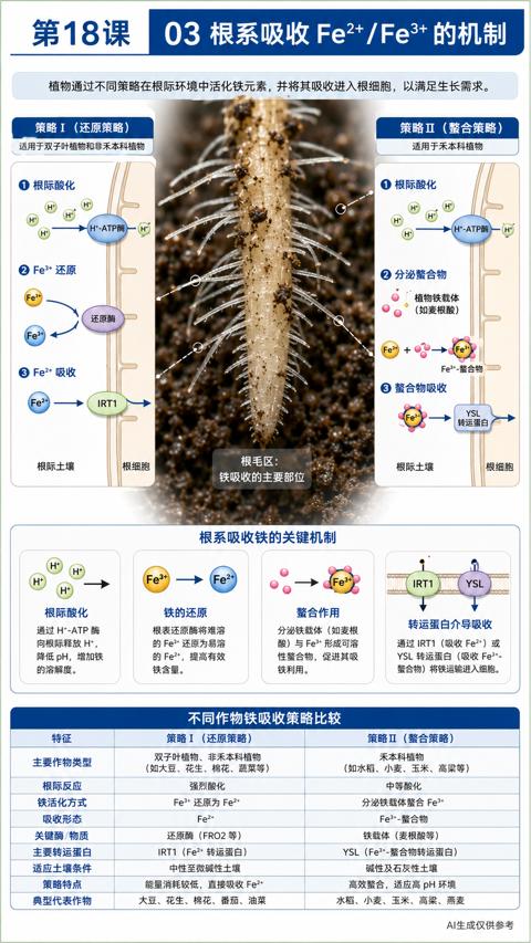 第18课（植物通过不同策略在根际环境中活化铁元素，并将其吸收进入根细胞，以满足生长需求）｜华昇金玛植保系统课技术图