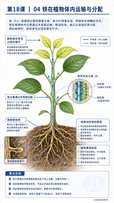 第18课 | 04 铁在植物体内运输与分配（铁在植物体内主要通过木质部运输，移动性弱，难以从老组织再分配）｜华昇金玛植保系统课技术图