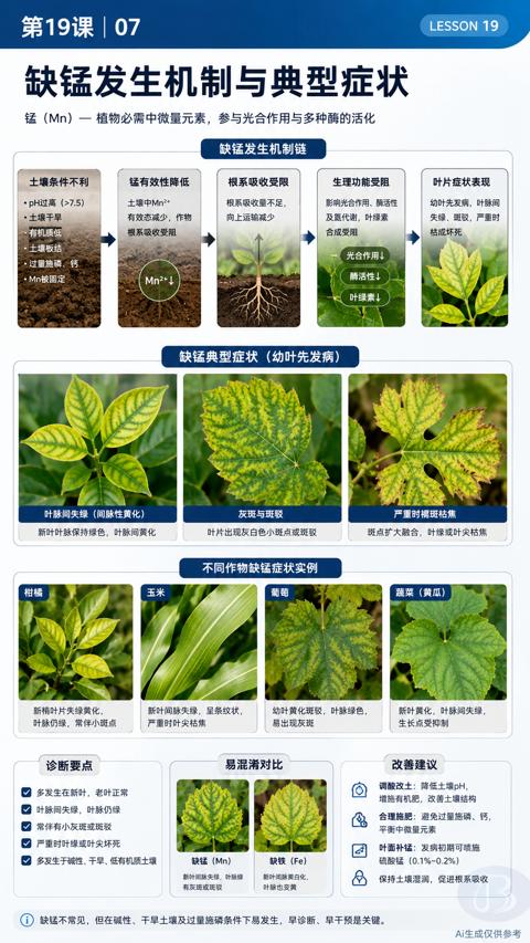 缺锰发生机制与典型症状（缺锰不常见，但在碱性、干早土壤及过量施磷条件下易发生，早诊断、早干预是关键）｜华昇金玛植保系统课技术图