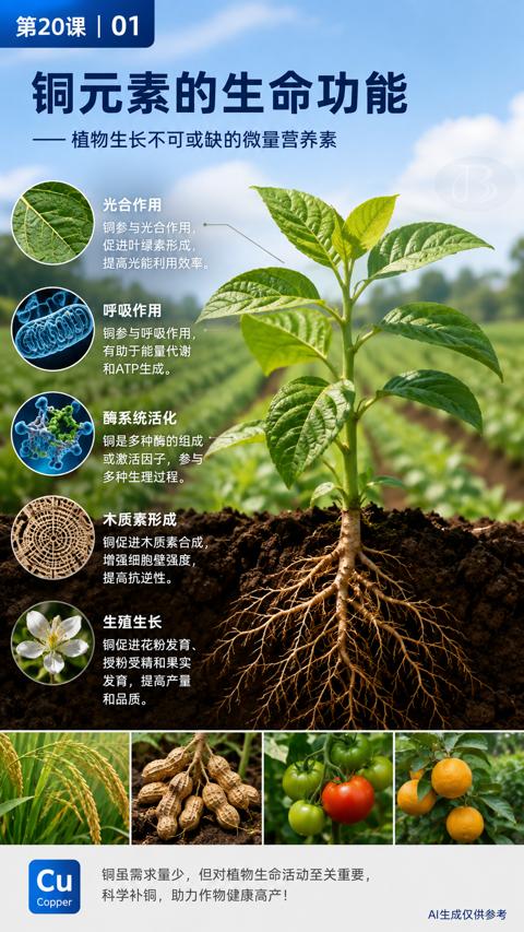 铜元素的生命功能（铜虽需求量少，但对植物生命活动至关重要）｜华昇金玛植保系统课技术图