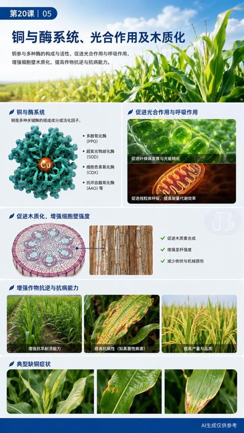 铜与酶系统、光合作用及木质化（铜参与多种酶的构成与活性，促进光合作用与呼吸作用）｜华昇金玛植保系统课技术图