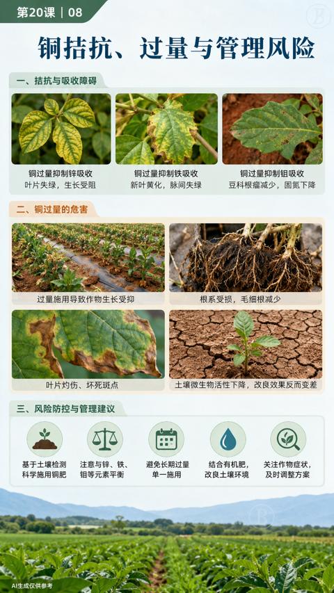 铜拮抗、过量与管理风险（土壤微生物活性下降，改良效果反而变差）｜华昇金玛植保系统课技术图