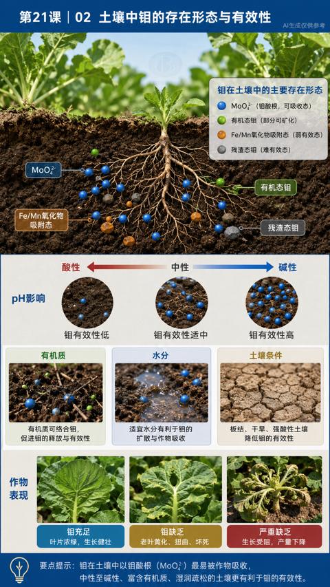 第21课 |02 土壤中钼的存在形态与有效性（中性至碱性、富含有机质、湿润疏松的土壤更有利于钼的有效性）｜华昇金玛植保系统课技术图