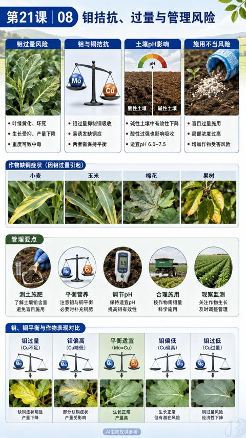 钼拮抗、过量与管理风险（钼、铜平衡与作物表现对比）｜华昇金玛植保系统课技术图