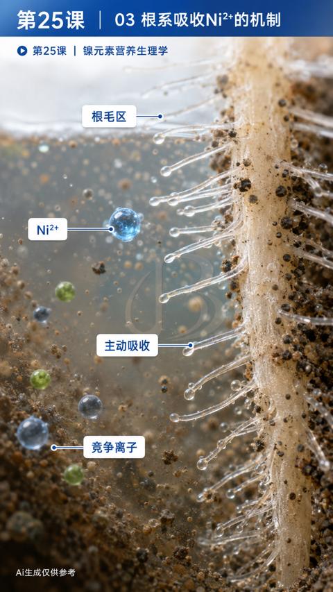第25课| 03根系吸收Ni2*的机制（Ai生成仅供参考）｜华昇金玛植保系统课技术图