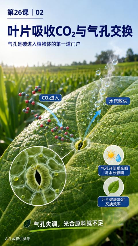 叶片吸收CO2与气孔交换（气孔是碳进入植物体的第一道门户）｜华昇金玛植保系统课技术图
