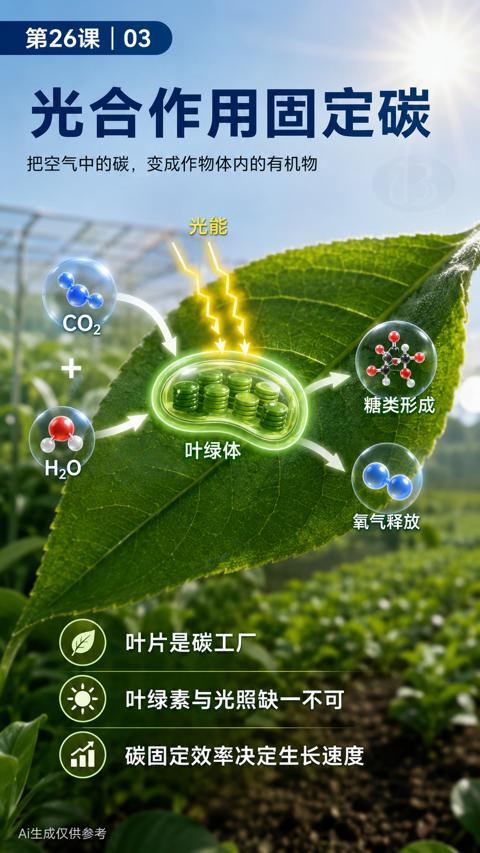 光合作用固定碳（把空气中的碳，变成作物体内的有机物）｜华昇金玛植保系统课技术图