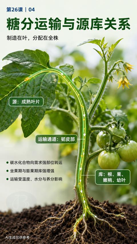 糖分运输与源库关系（制造在叶，分配在全株）｜华昇金玛植保系统课技术图