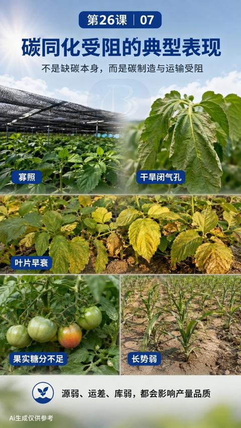 碳同化受阻的典型表现（不是缺碳本身，而是碳制造与运输受阻）｜华昇金玛植保系统课技术图