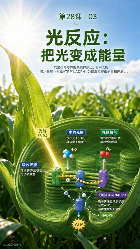 光反应（将水分解并合成ATP与NADPH，为暗反应提供能量和还原力）｜华昇金玛植保系统课技术图