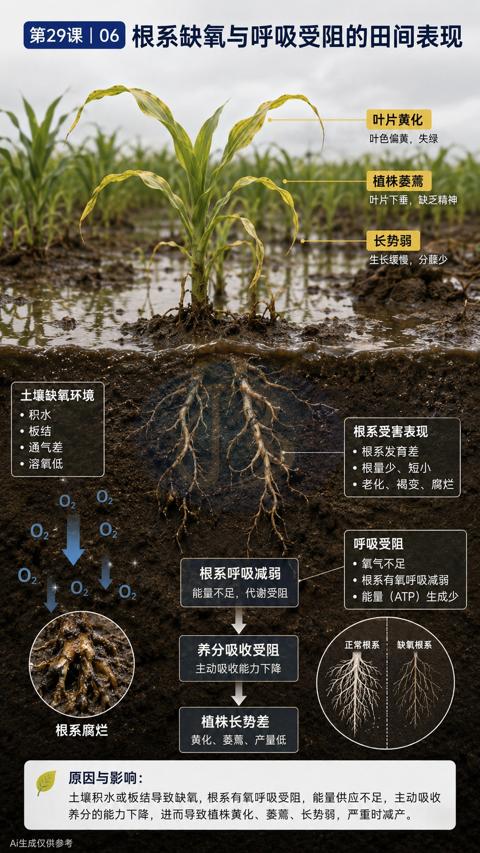 根系缺氧与呼吸受阻的田间表现（土壤积水或板结导致缺氧，根系有氧呼吸受阻，能量供应不足，主动吸收）｜华昇金玛植保系统课技术图