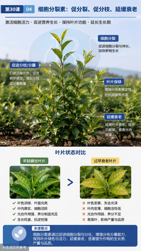 细胞分裂素：促分裂、促分枝、延缓衰老（保持叶片绿色与活力，延缓衰老，显著提升作物的生长势）｜华昇金玛植保系统课技术图