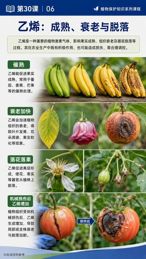 乙烯：成熟、衰老与脱落（乙烯是一种重要的植物激素气体，影响果实成熟、组织衰老及器官脱落等）｜华昇金玛植保系统课技术图