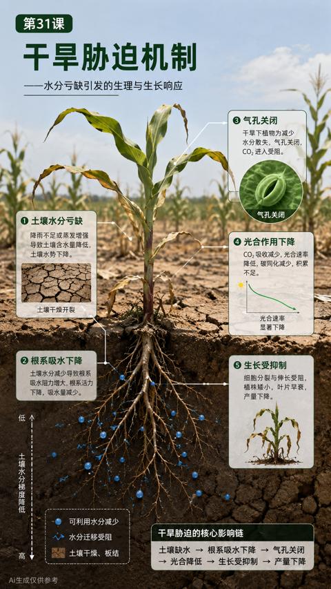 干旱胁迫机制（水分亏缺引发的生理与生长响应）｜华昇金玛植保系统课技术图