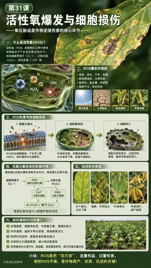 活性氧爆发与细胞损伤（植物通过抗氧化酶系清除多余ROS，维持氧化还原平衡）｜华昇金玛植保系统课技术图