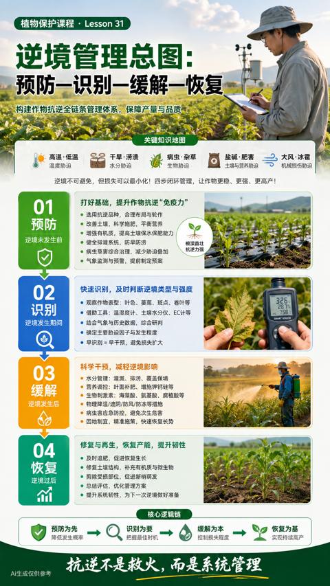 逆境管理总图（逆境不可避免，但损失可以最小化！四步闭环管理，让作物更稳、更强、更高产）｜华昇金玛植保系统课技术图