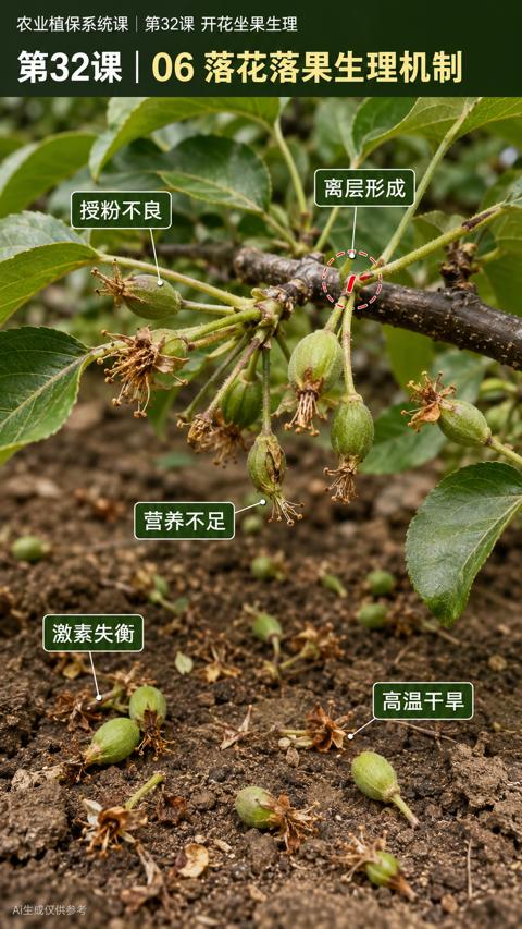 第32课 |06 落花落果生理机制（Ai生成仅供参考）｜华昇金玛植保系统课技术图