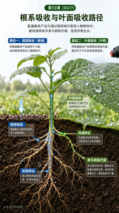 根系吸收与叶面吸收路径（氨基酸类产品可通过根部或叶面进入植物体内）｜华昇金玛植保系统课技术图