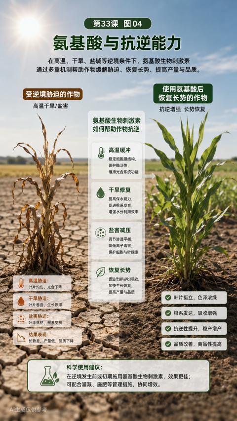 氨基酸与抗逆能力（通过多重机制帮助作物缓解胁迫、恢复长势、提高产量与品质）｜华昇金玛植保系统课技术图
