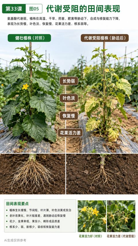 代谢受阻的田间表现（氨基酸代谢弱，植株在高温、干旱、药害、肥害等胁迫下，合成与修复能力下降）｜华昇金玛植保系统课技术图