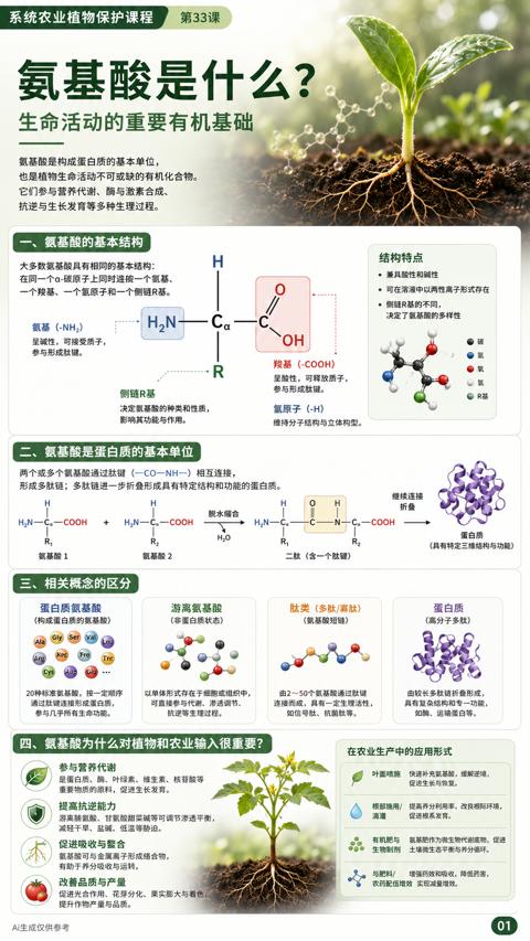 氨基酸是什么（形成多肽链；多肽链进一步折叠形成具有特定结构和功能的蛋白质）｜华昇金玛植保系统课技术图