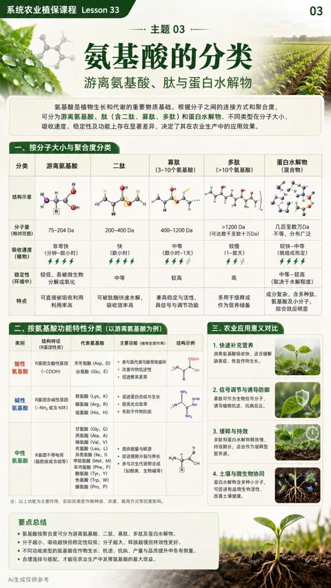 氨基酸的分类（可分为游离氨基酸、肽（含二肽、寡肽、多肽）和蛋白水解物。不同类型在分子大小）｜华昇金玛植保系统课技术图