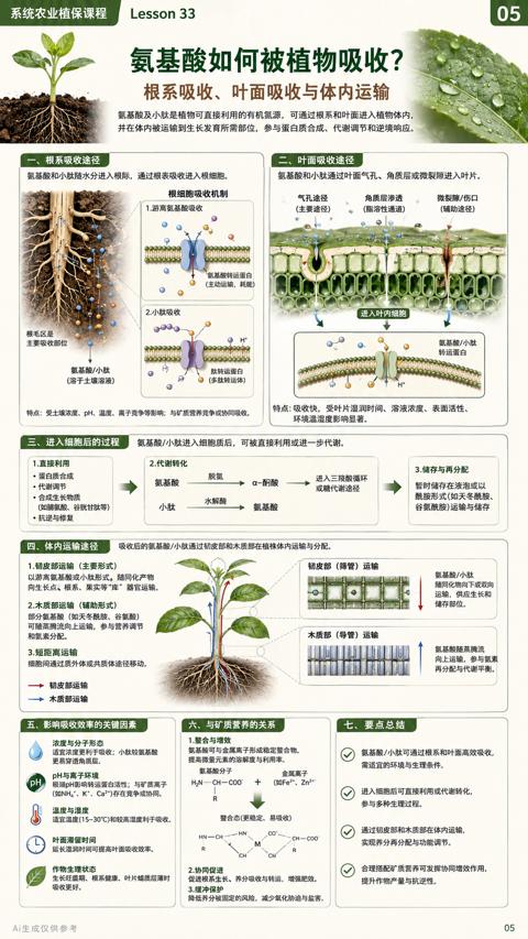 氨基酸如何被植物吸收（氨基酸及小肽是植物可直接利用的有机氮源，可通过根系和叶面进入植物体内）｜华昇金玛植保系统课技术图