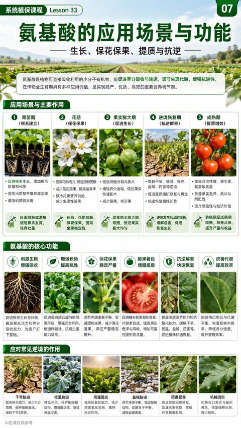 氨基酸的应用场景与功能（在作物全生育期具有多种应用价值，是实现稳产、优质、高效的重要营养调节剂）｜华昇金玛植保系统课技术图