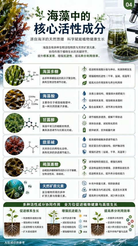 海藻中的（多种活性成分协同作用 全方位促进植物健康与高效生长）｜华昇金玛植保系统课技术图