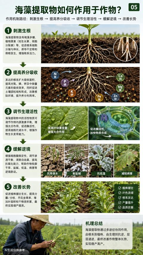 海藻提取物如何作用于作物（层递进，最终改善作物整体长势）｜华昇金玛植保系统课技术图