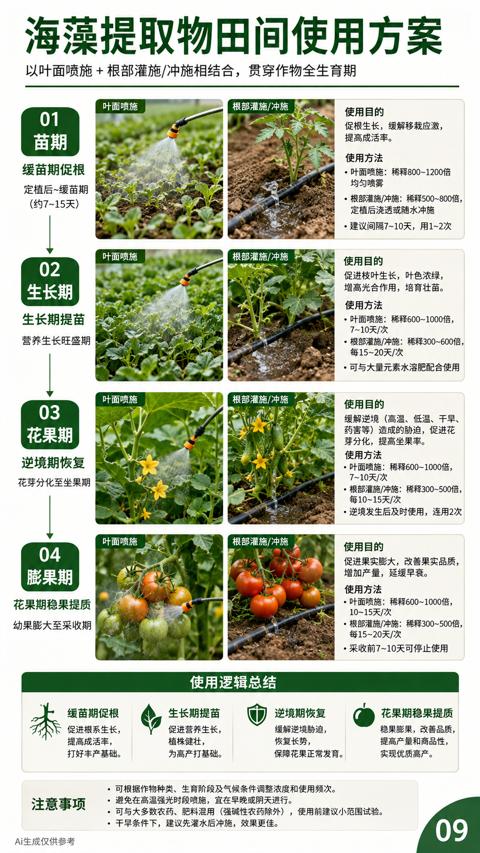 海藻提取物田间使用方案（可根据作物种类、生育阶段及气候条件调整浓度和使用频次）｜华昇金玛植保系统课技术图