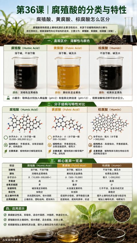 第36课|腐殖酸的分类与特性（微生物转化。根据溶解性和化学结构的差异，主要分为）｜华昇金玛植保系统课技术图