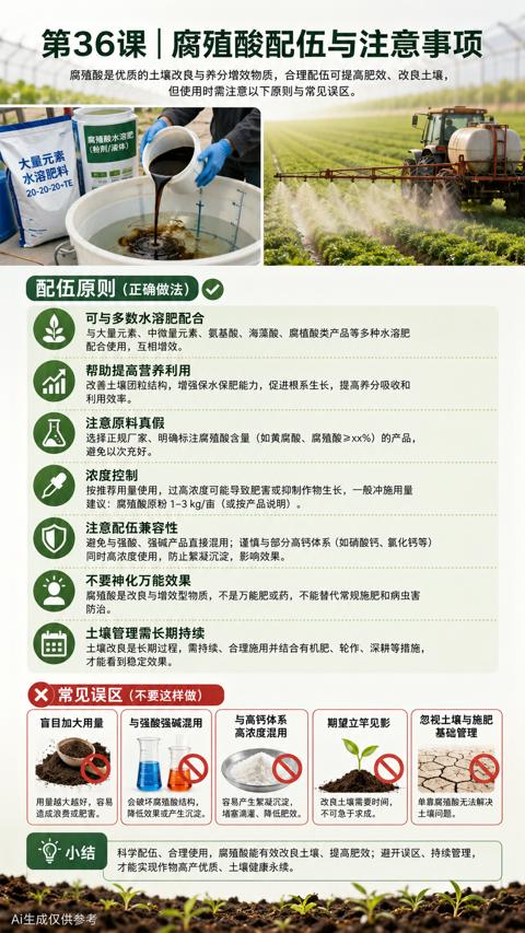 第36课 | 腐殖酸配伍与注意事项（腐殖酸是优质的土壤改良与养分增效物质，合理配伍可提高肥效、改良土壤）｜华昇金玛植保系统课技术图