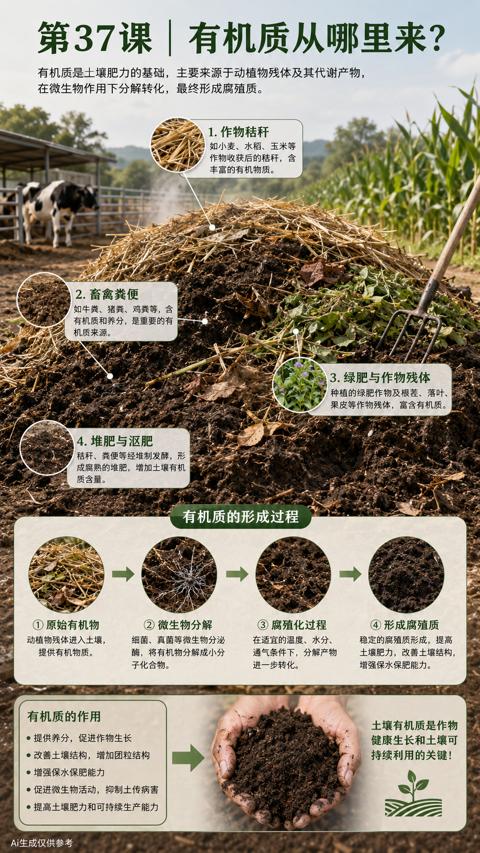 第37课| 有机质从哪里来（有机质是土壤肥力的基础，主要来源于动植物残体及其代谢产物）｜华昇金玛植保系统课技术图