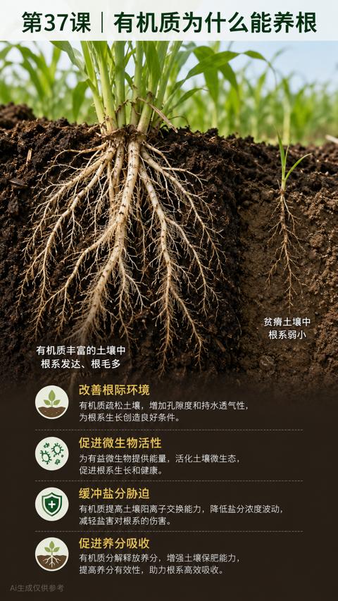 第37课 | 有机质为什么能养根（有机质提高土壤阳离子交换能力，降低盐分浓度波动）｜华昇金玛植保系统课技术图
