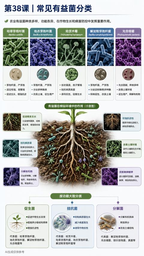 第38课 | 常见有益菌分类（农业有益菌种类多样，功能各异，在作物生长和病害防控中发挥重要作用）｜华昇金玛植保系统课技术图