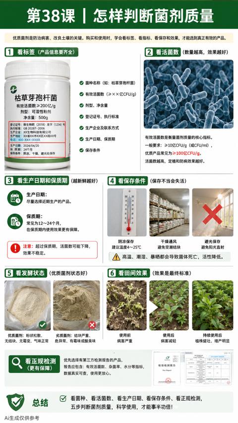 第38课 |怎样判断菌剂质量（优质菌剂是防治病害、改良土壤的关键。购买和使用时，学会看标签、看指标、看保存和效果，才能选到真正有效的产品）｜华昇金玛植保系统课技术图