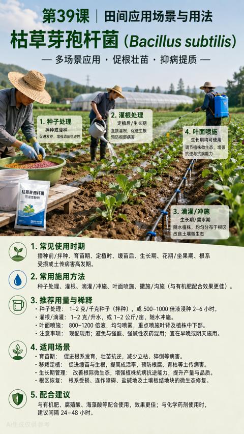 枯草芽孢杆菌（Bacillus subtilis）（播种前/拌种、育苗期、定植时、缓苗后、生长期、花期/坐果期、根系）｜华昇金玛植保系统课技术图