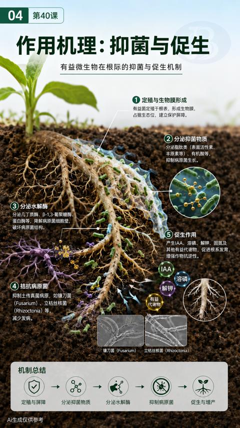 作用机理：抑菌与促生（有益微生物在根际的抑菌与促生机制）｜华昇金玛植保系统课技术图