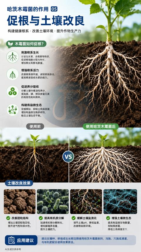 促根与土壤改良（建议在播种、移栽或生长期定期使用哈茨木霉菌制剂，沟施、穴施或滴灌）｜华昇金玛植保系统课技术图