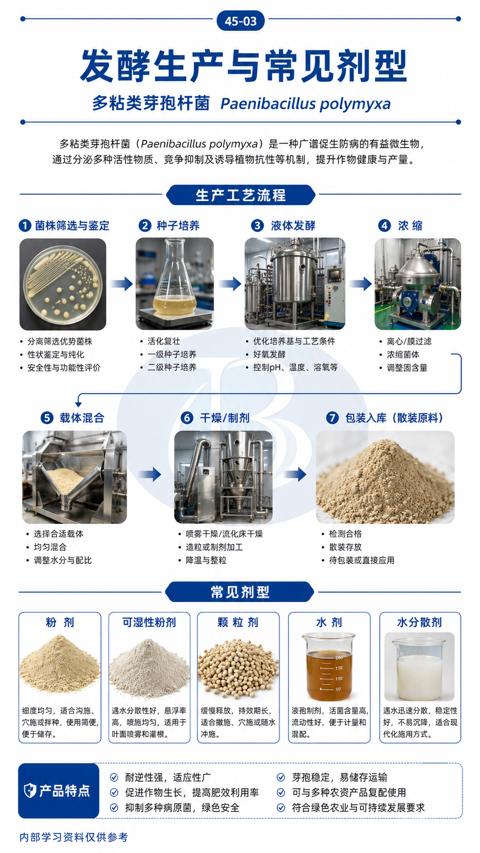 发酵生产与常见剂型（通过分泌多种活性物质、竞争抑制及诱导植物抗性等机制，提升作物健康与产量）｜华昇金玛植保系统课技术图