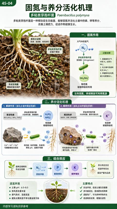 固氮与养分活化机理（多粘类芽孢杆菌是一种根际促生功能菌，能够固氮并活化土壞中的磷、钾等养分）｜华昇金玛植保系统课技术图