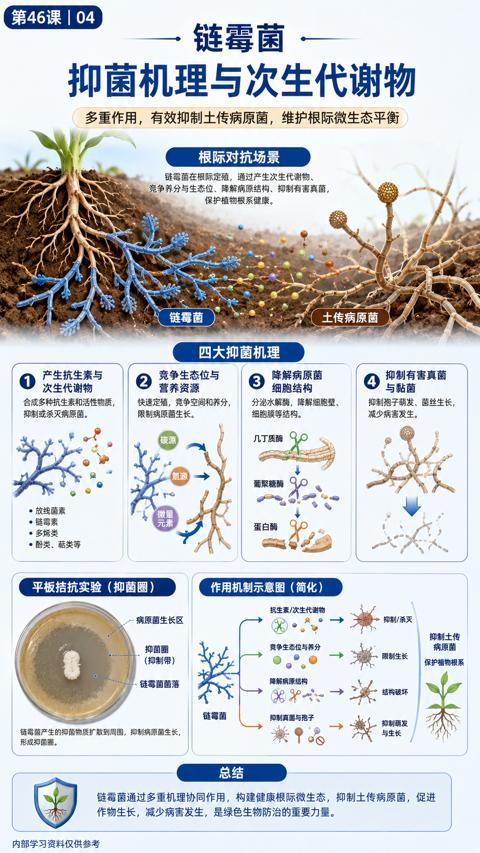 抑菌机理与次生代谢物（链𩆨菌通过多重机理协同作用，构建健康根际微生态，抑制土传病原菌，促进）｜华昇金玛植保系统课技术图