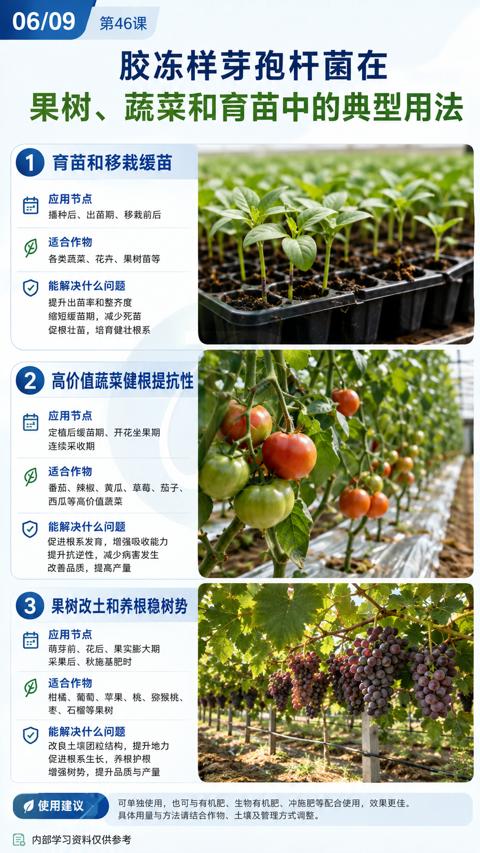 果树、蔬菜和育苗中的典型用法（可单独使用，也可与有机肥、生物有机肥、冲施肥等配合使用，效果更佳）｜华昇金玛植保系统课技术图