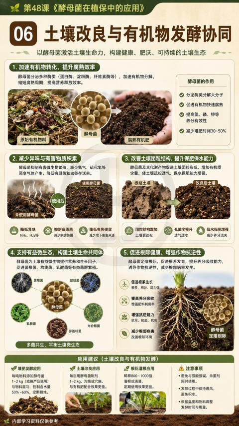 土壤改良与有机物发酵协同（酵母菌分泌多种酶类（蛋白酶、淀粉酶、纤维素酶等），加速有机物分解）｜华昇金玛植保系统课技术图