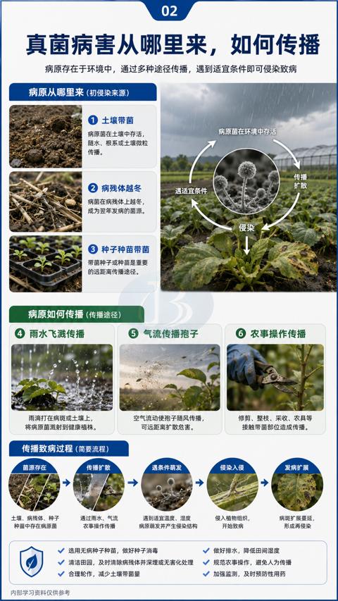 真菌病害从哪里来，如何传播（病原存在于环境中，通过多种途径传播，遇到适宜条件即可侵染致病）｜华昇金玛植保系统课技术图