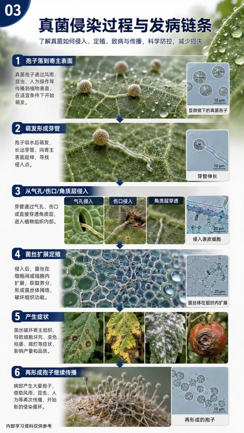 真菌侵染过程与发病链条（了解真菌如何侵入、定殖、致病与传播，科学防控，减少损失）｜华昇金玛植保系统课技术图